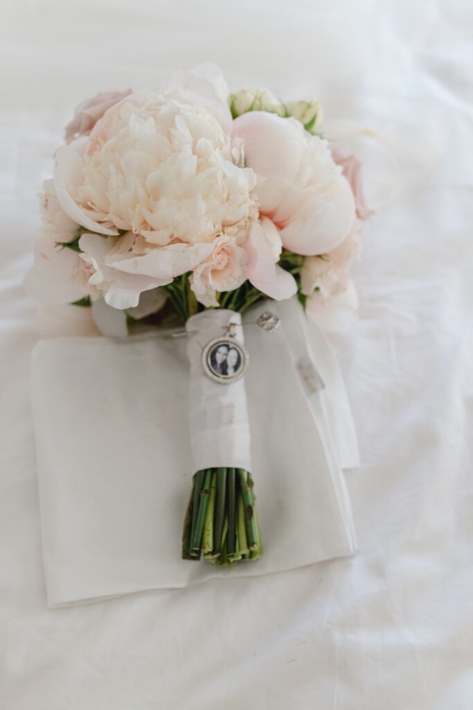 Bridal bouquet of white and pink peonies for a portofino elopement at Belmond Hotel Splendido